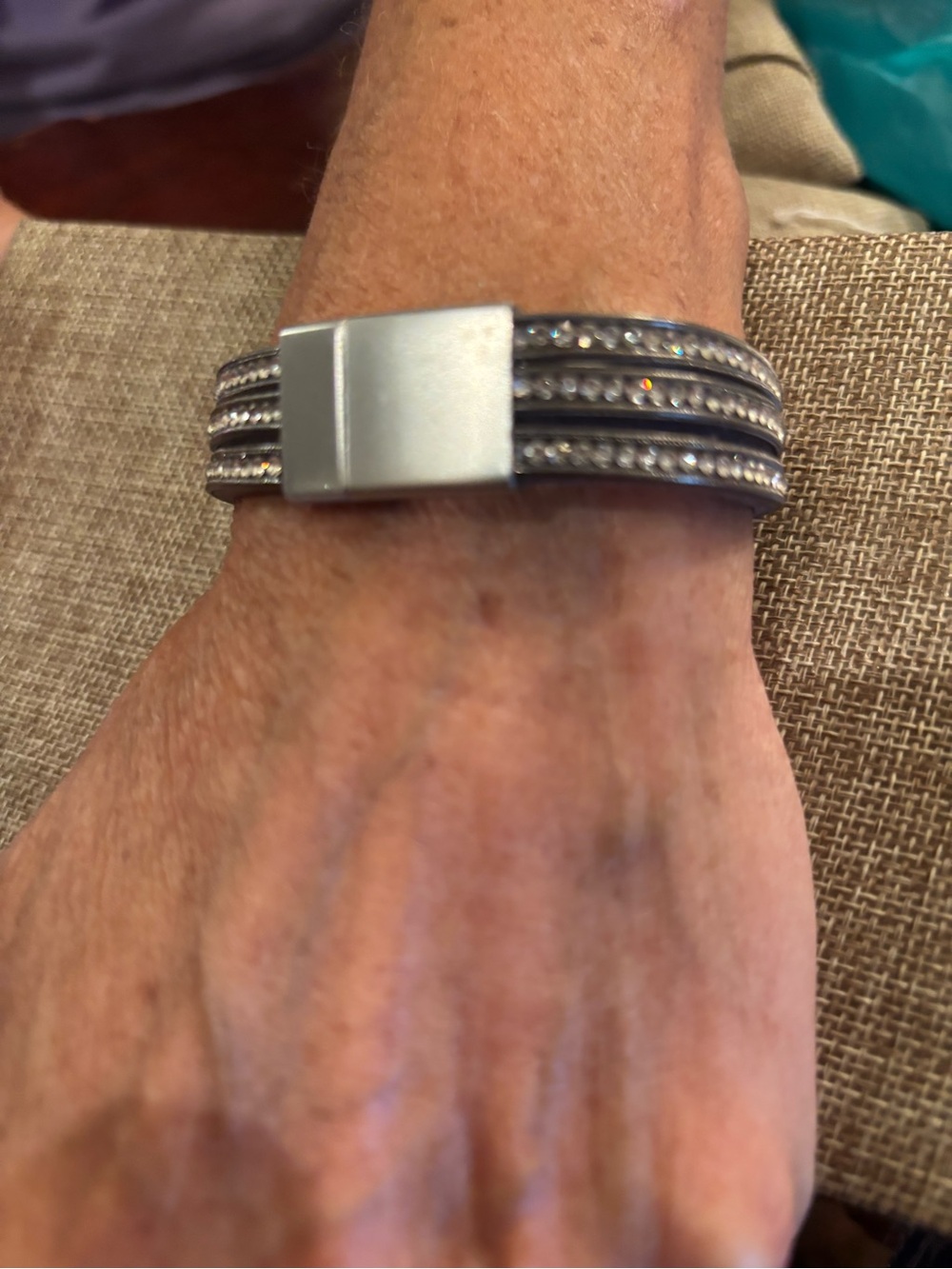 Women’s magnetic closure Black and Silver Multi-Row Rhinestone Bracelet